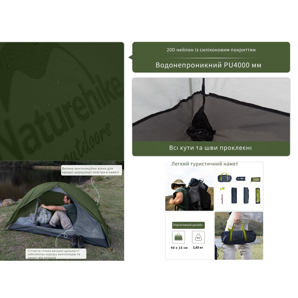 Намет надлегкий одномісний  з футпринтом Naturehike Cycling 1 NH18A095-D, 210T, темний зелений фото 10