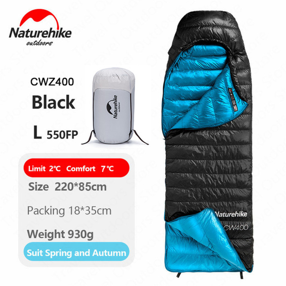 Спальник з натуральним пухом Naturehike CW400 NH18C400-D, p-р L, чорно-блакитний фото 2