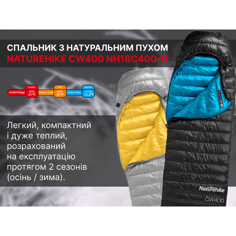 Спальник з натуральним пухом Naturehike CW400 NH18C400-D, p-р L, чорно-блакитний фото 10