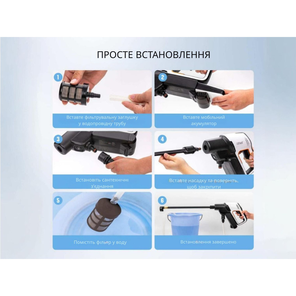 Акумуляторна мийка високого тиску, живлення від павербанку (УМБ Litheli Power Bank 20000 mAh, 45 W, 4А в фото 4