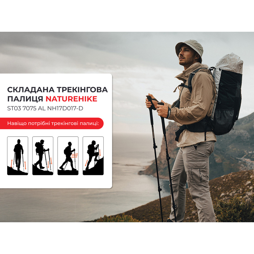 Трекінгова палиця 3-сек. Naturehike ST 03 7075 AL NH17D017-D, чорна фото 4
