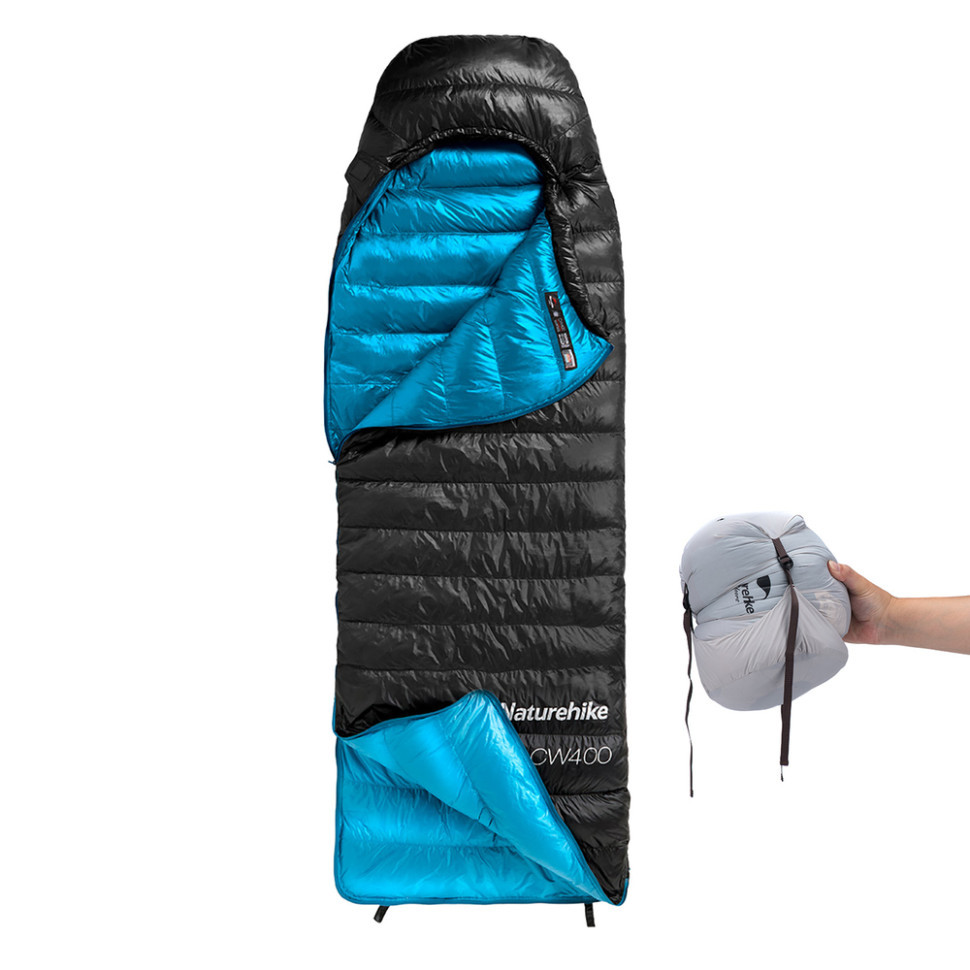 Спальник з натуральним пухом Naturehike CW400 NH18C400-D, p-р L, чорно-блакитний фото 3