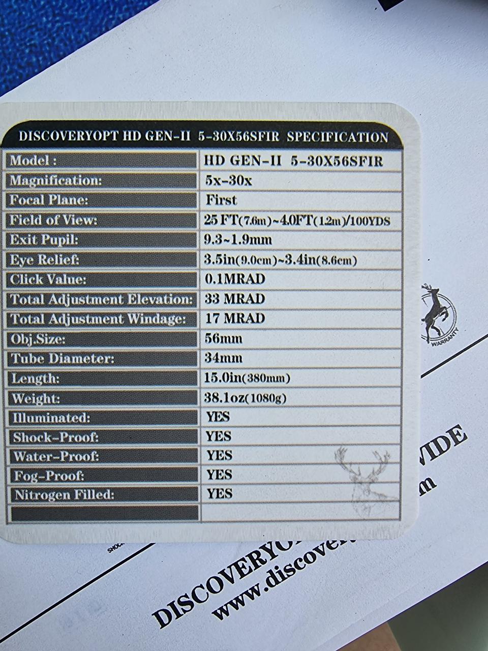 Приціл Discovery Optics HD/34 5-30X56 SFIR FFP Zero Stop Gen II фото 5